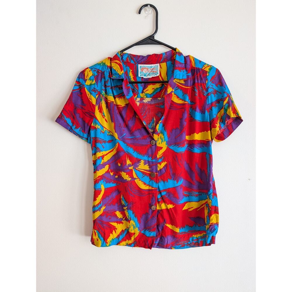 Vintage 1970s Sunshine Hawaii by Sherry Holt Palm Print Colorful Shirt Small